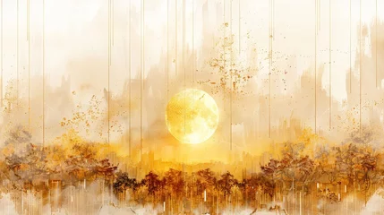 Outdoor-Kissen Artwork on abstract background, Chinese style, golden texturing, abstract landscape painting in ink. Modern Art. Prints, wallpapers, posters, murals, carpets. © Zaleman