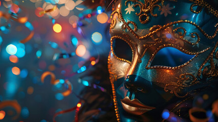 Venetian mask, carnival party setting, shiny streamers, blurred lights, disguise concept