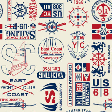 East coast nautical sailing badges and typography elements vintage vector seamless pattern for fabric print tablecloth pillow wallpaper wrapping