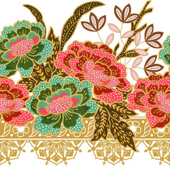 Fototapeta na wymiar Seamless pattern traditional tribal ethic saree sarong batik flower oriental thailand indonesia with golden for print