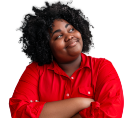 Cheerful plump woman with afro hair gazes at vacant area. Ideal for promotions. Isolated on transparent
