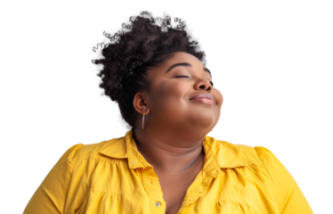 Dark-skinned woman with afro haircut gazes at open space. Great for promotions. Transparent background
