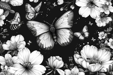 Line Art of Butterflies and Bees Among Spring Blossoms
