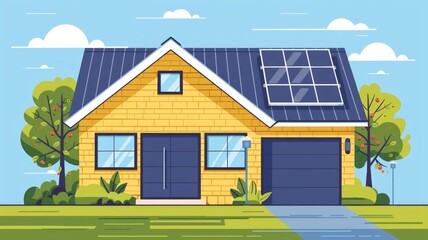 Minimalist Flat Illustration of Home with Solar Panels and Battery Storage

