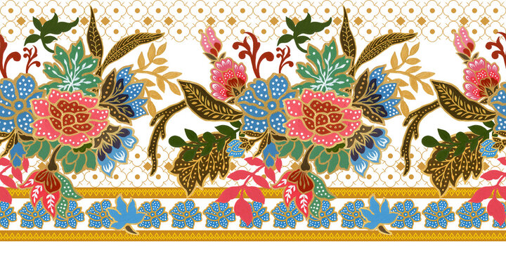 Seamless pattern traditional tribal ethic saree sarong batik flower oriental thailand indonesia with golden for print