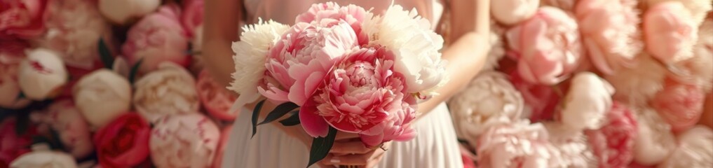 The delicate hands of a woman cradle an opulent bouquet of peonies