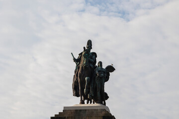 Kaiser Wilhelm Monument at the Deutsches Eck in Koblenz on a slightly cloudy day in spring at the...