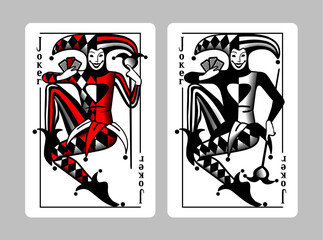Two Joker playing cards in vintage engraving style in black, red and white colors. Vector illustration