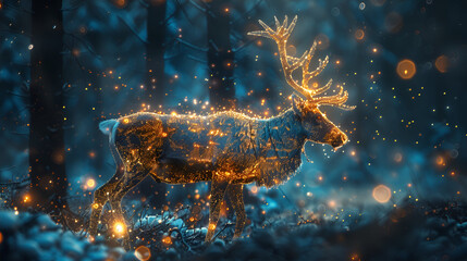 A magic festive reindeer covered in glowing lights in the forest, generative Ai - obrazy, fototapety, plakaty