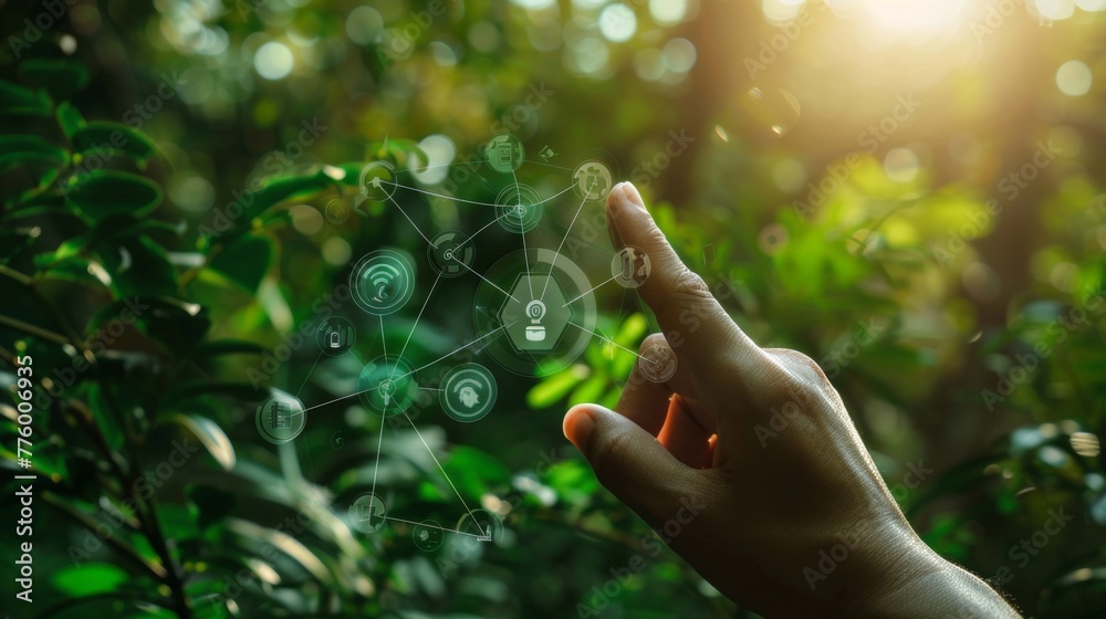 Aufkleber A finger touch on the environment icons over a network connection, with a nature background and technology icons.