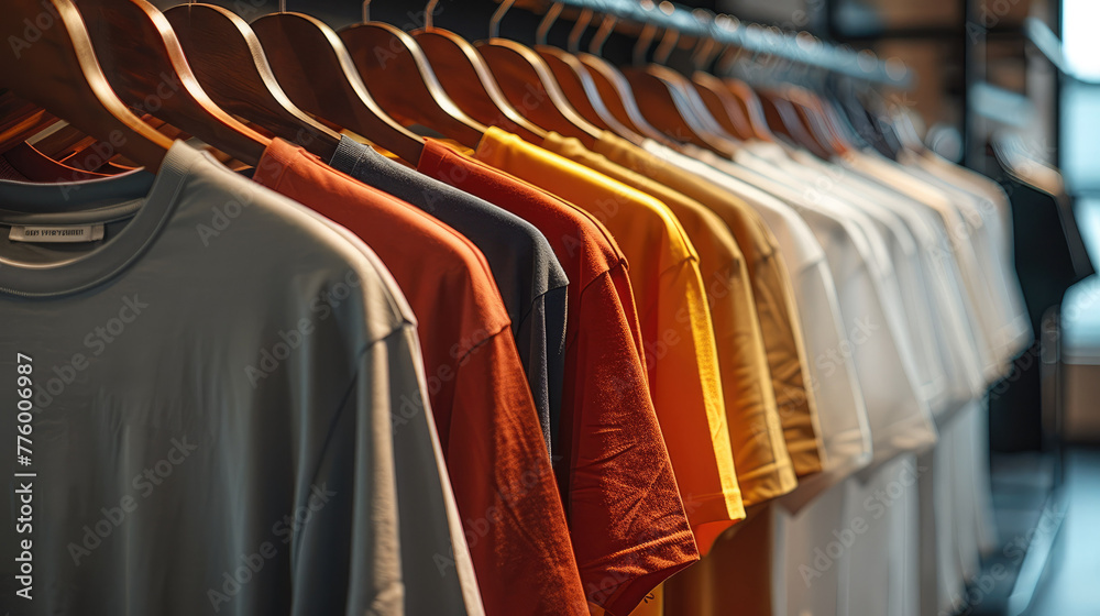 Poster t-shirts of varying color hung on a rack. generative ai.