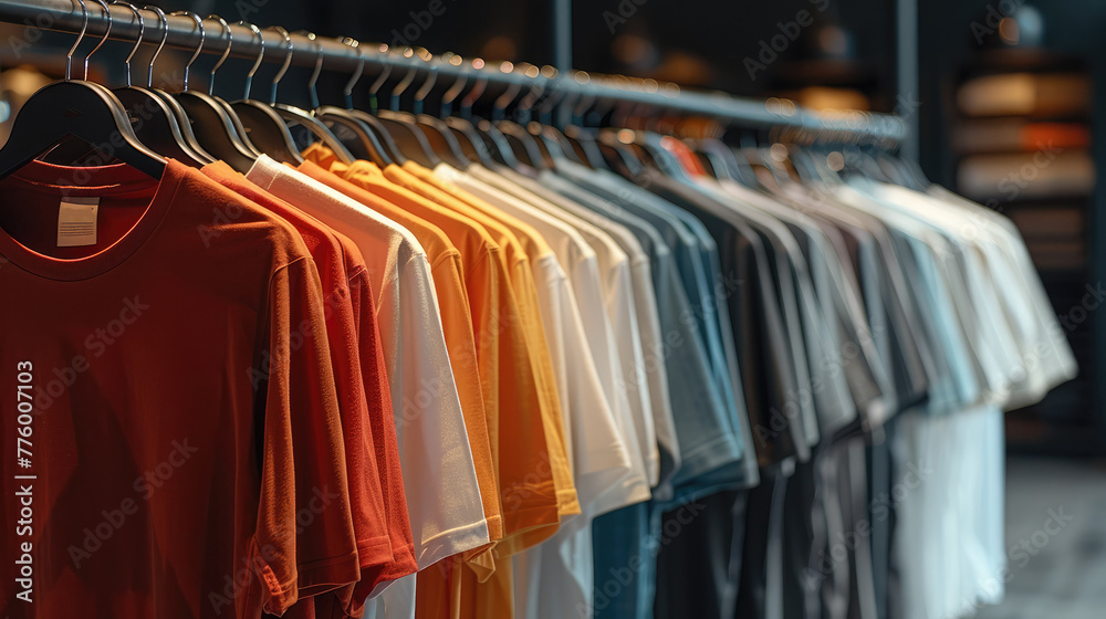 Poster t-shirts of varying color hung on a rack. generative ai.