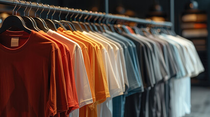 T-shirts of varying color hung on a rack. Generative AI.