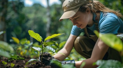 Young woman volunteer planting a tree in a lush, green forest. Generative AI.