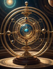 An ornate astronomical instrument resembling an armillary sphere, showcasing an intricate design against a backdrop of celestial bodies.