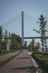 Vertical of the Bund Pudong side walking path to NanPu Bridge in Shanghai, China