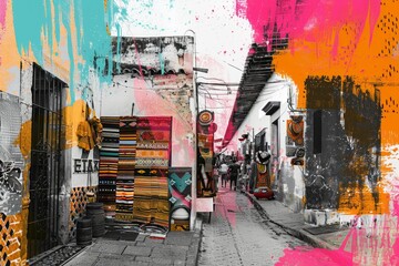 Contemporary Art Collage of Vibrant Mexican Street Market

