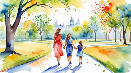 Two Women and a Child Walking in a Park Watercolor