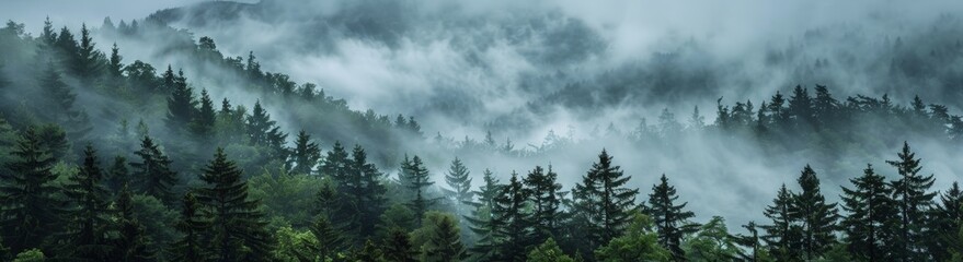 A wide panorama of a dense, foggy forest, with a white background and soft green tones. A misty...