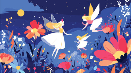Fototapeta na wymiar Three fairies flying in garden at night illustratio