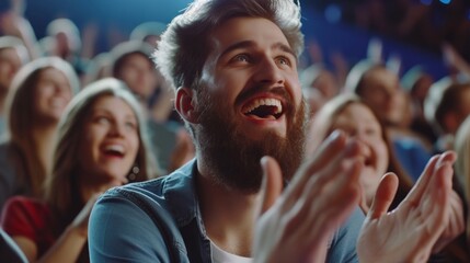 Fototapeta premium Portrait of a bearded man - a sports fan in the stadium stands