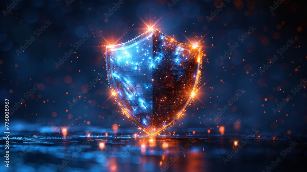 Poster In a futuristic light style, using bubble shields. An abstract glowing shield element. Modern illustration isolated on a blue background.