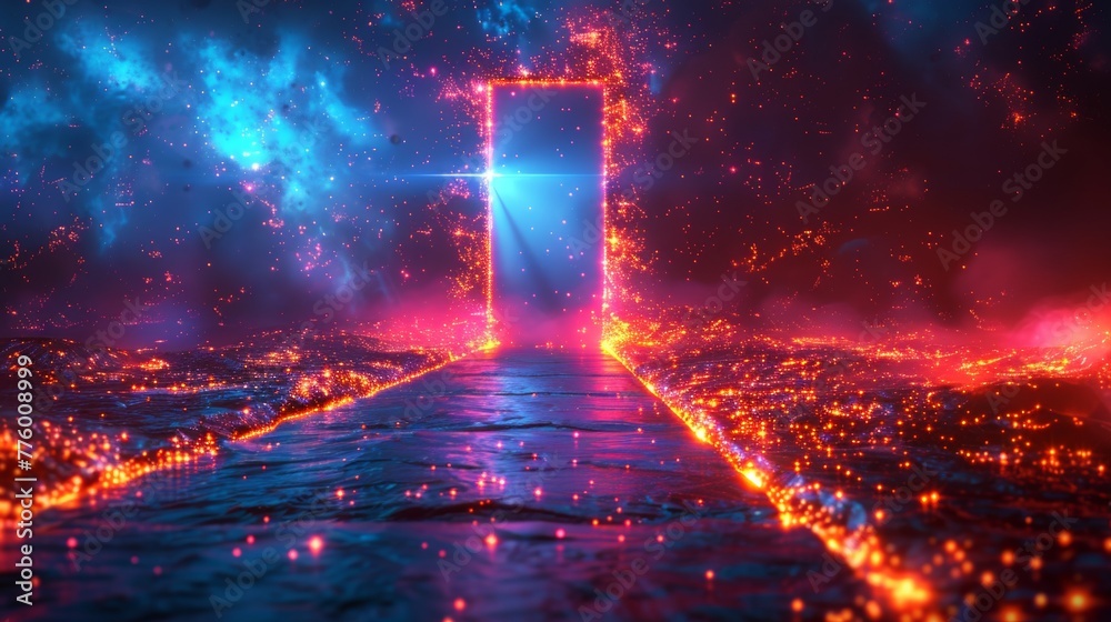 Aufkleber an open door appears at the end of a shiny polygonal digital path that leads into the future. modern