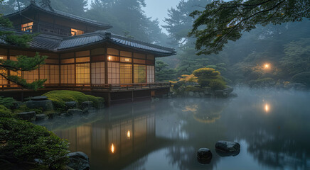 A Japanese garden with misty weather outside. During the evening. Generative AI.