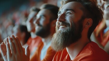 Fototapeta na wymiar Portrait of a bearded man - a sports fan in the stadium stands