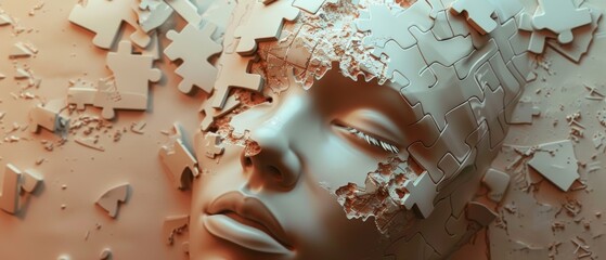 A 3D graphic of a human head with a jigsaw texture, some pieces scattered, representing the complex and multifaceted nature of living with depression