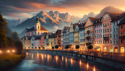 Obraz premium A picturesque European town at dusk. The scene includes a row of vibrant, multi-colored buildings in classical European architecture