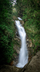 Vertical shot of flowing waterfall from rocks surrounded by grass