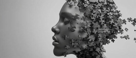 A 3D graphic of a human head with a jigsaw texture, some pieces scattered, representing the complex and multifaceted nature of living with depression - obrazy, fototapety, plakaty