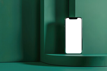 A smartphone stands on a dark green curved surface, displaying a blank screen for mockups