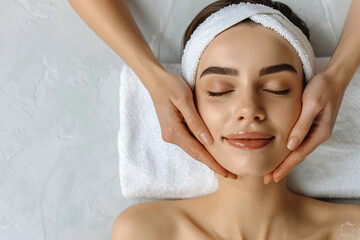 
Close-up portrait of a beautiful woman with closed eyes and a towel on her head lying down at a spa salon, in the style of copy space for text 