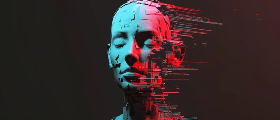 A 3D human head with a digital glitch effect, illustrating the disorienting impact of depression on perception and daily life