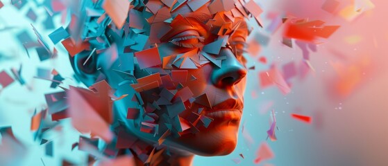 A 3D illustration of an abstract human head, segmented into disjointed pieces, visually depicting the fragmented reality often felt in depression and related mental health disorders - obrazy, fototapety, plakaty