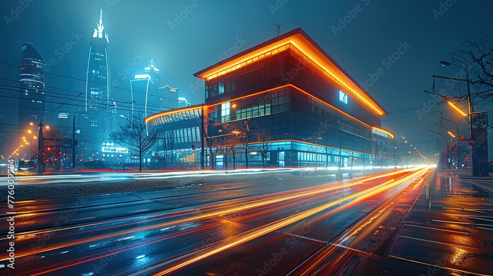 Poster the light trails on the street with modern building background. generative ai.