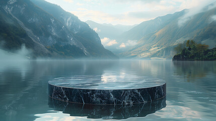 Black round marble display podium, standing in a gorgeous scenic landscape in front of a lake, with...