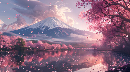 a pink-inspired mountain fuji wallpaper cherry tree style, generative Ai