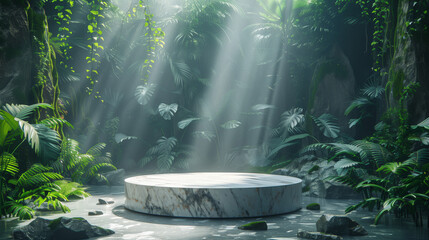 White round marble display podium, standing in a lush green forest.