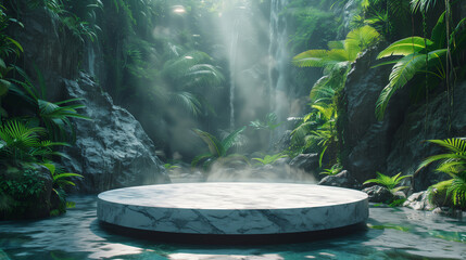 White round marble display podium, standing in a lush green forest.