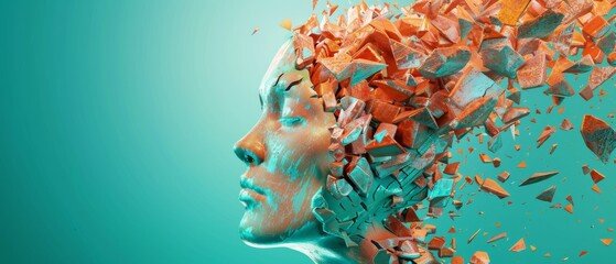 A 3D illustration of an abstract human head, segmented into disjointed pieces, visually depicting the fragmented reality often felt in depression and related mental health disorders - obrazy, fototapety, plakaty