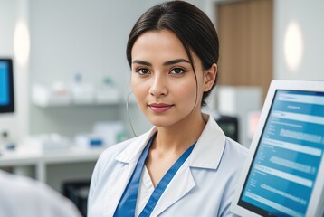 A close-up portrait of a young female doctor in uniform at a hospital. Next to the computer screen.