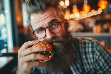 Hungry Bearded man eating yummy burger in cafe. Sit at pub bar handsome guy. Generate Ai