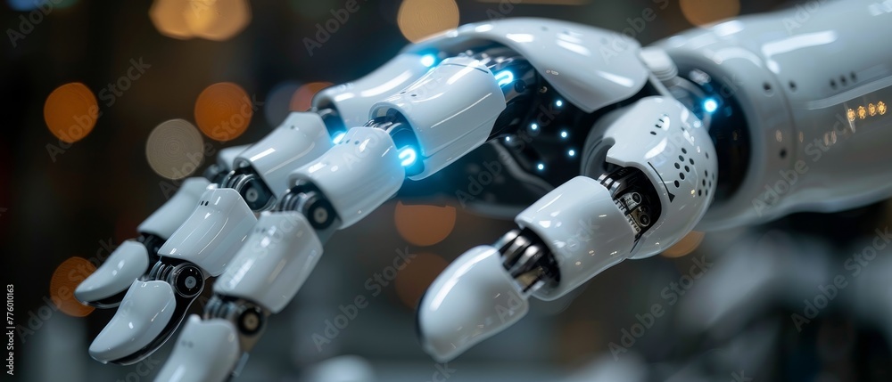 Aufkleber The robot hand is an artificial intelligence assistant for medical practices and surgeries, with a human-ai concept, displaying graphical icons on a blue banner background.