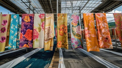 A large number of colorful Asian floral fabric hanging on metal scaffolding stands in the roof top dye cloth modern workshop. Generative AI. - obrazy, fototapety, plakaty