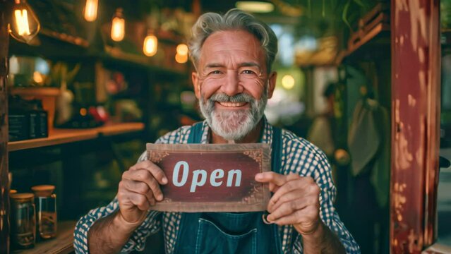 Elderly man with white beard holding Open sign in front of cafe. Small business and entrepreneurship concept 