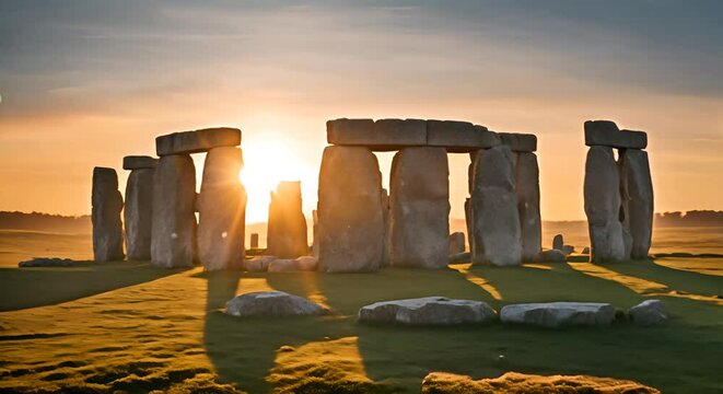 View of a Stonehenge at sunset.