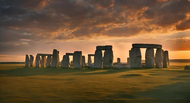 View of a Stonehenge at sunset.